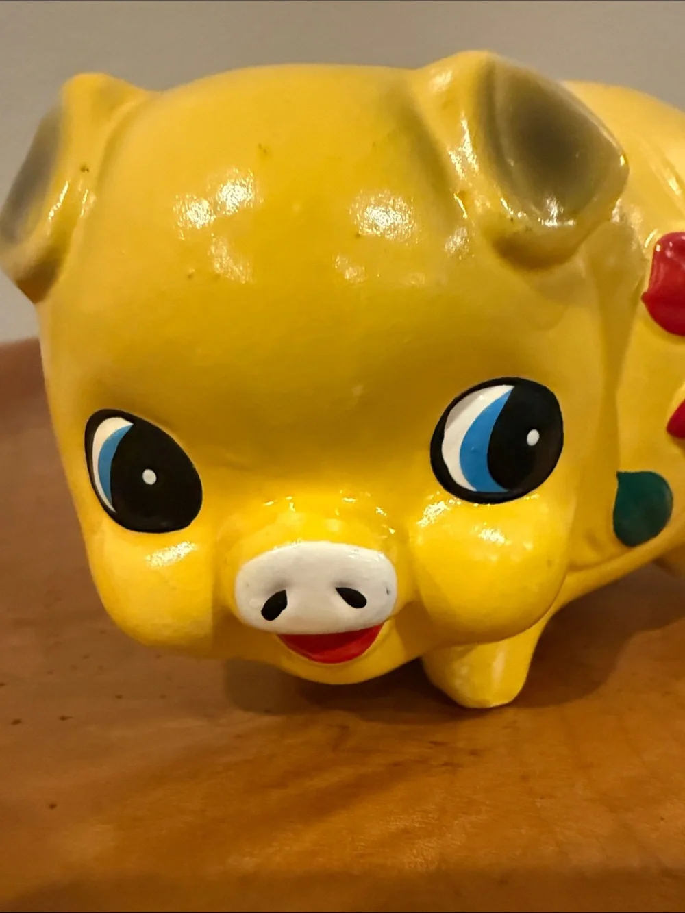 Vintage Kitschy Yellow Chalkware Piggy Bank with Red Flower